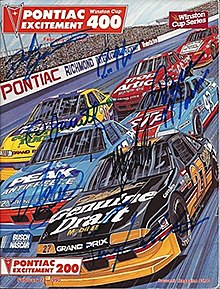 The 1990 Pontiac Excitement 400 program cover, with artwork by NASCAR artist Sam Bass.