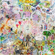 A vibrant painting of a figure in front of a halo in the center, surrounded by miscellaneous characters. The number "333" reads in the top-center.