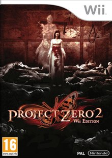 A Japanese woman in a white blood-stained kimono stands in the middle of a room filled with corpses. A ghost-like figure in a similar pose stands behind her. Below the woman appears the title, "Project Zero 2: Wii Edition". Behind the title is a glowing red butterfly.