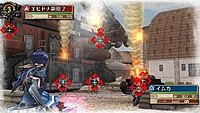 The view of gameplay during the period when a character in selected by the player during a turn. The character control is a "Tank" character, with their special multi-unit aiming ability activated.