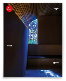 Cover of Architects' Journal magazine showing a room with an open portion on the most left side, three words are Light on the upper right side, Craft on the middle side, and space on the lower right side