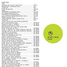 A listing of various words and numbers in white monospace text on a white background. To the right the words "Aphex Twin" and "Syro" are written in uppercase black monospace text inside a lime green circle.