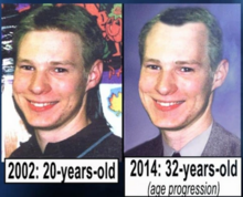 These are two photos of Guimond. The left is a real photo of Guimond taken before his disappearance in 2002, when he was 20. The right is a digitally-altered version of the left photo to show how he would have aged by 2014, when he would be 32, provided he was still alive by then. His face is the same on the right but he now has a receded hairline.