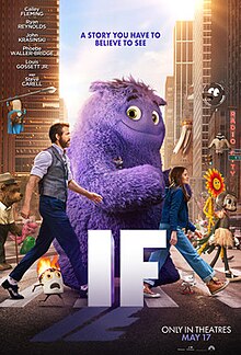 Poster featuring various creatures, a girl, and man walking across a street.