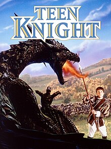 Cover image of the film Teen Knight. A young man with short brown hair in medieval garb is wielding a spear. He faces an obsidian scaled dragon breathing fire. A wisp of smoke emanates from the dragon's nostril. There is a pastoral scene in the background. The words "TEEN KNIGHT" are stylized at the top.