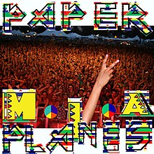 Cover art of the single depicting the texts "Paper and "Planes", in colourful and abstract styles, on the top and bottom, respectively. Above the word "Planes" is the text "M.I.A." in a similar styling. The background shows a human's hand signifying the peace-symbol (V sign hand gesture) in front of a crowd at a music festival.