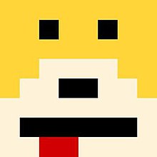 Pixel art of a yellow dog's face with their tongue out.