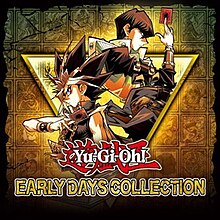 The characters Yugi Muto and Seto Kaiba are positioned back-to-back emerging from within a golden inverted triangle, each holding up a trading card in one hand. In the background is an ancient Egyptian mural with tiles shaped like cards, each one depicting a monster. The title "Yu-Gi-Oh! Early Days Collection" is positioned at the bottom of the image.