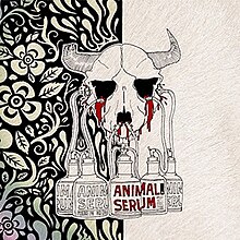 A drawing of a horned animal skull, with blood dripping from it. Five bottles labeled "animal serum" are placed below it, connected to the skull via tubes. The image is placed on a vertically split background, with the left side being a floral ornament and the right side being textured plain white.