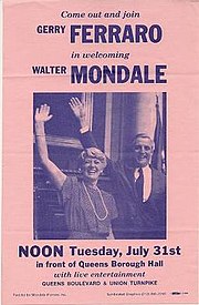 Dark blue type on pinkish background, Ferraro's name above Mondale's, large photo of them waving to an unseen crowd