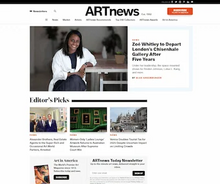 Screenshot of ARTnews website showing Zoé Whitley,with Editor Picks stories below it, the lower part is both a link to subscribe Art In America (ARTnews' sister publication) and a form to subscribe to the ARTnews Today Newsletter by email