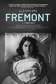 Black and white poster features a woman lying in bed, staring directly at the camera with a neutral expression. Text above her reads: "Fremont" and includes film festival mentions such as Sundance. The tagline describes the film as a cross-cultural comedy about finding oneself.