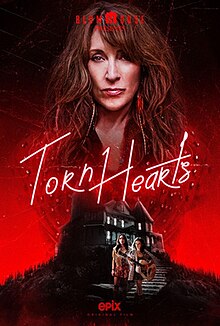 Poster for Torn Hearts, featuring a woman with intense red lighting in the background, a dark, eerie house, and two women with a guitar standing in the foreground. The title is written in bold, glowing script, and the film is presented by Blumhouse.