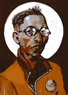 An illustration of man who is wearing glasses and an orange bomber jacket