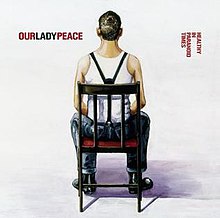 In a white room, a young man in a white shirt with suspenders sits in a chair facing away from the world. The band's name is to the left of his head while the album's name is to the right, in red.