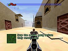 A man rides a hover bike through the streets of a fictional desert city