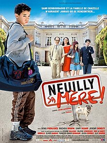 DVD cover depicting in the foreground an Arab boy with a duffel bag, and in the background a family standing in front of a fancy house. The words Neuilly sa mère ! are visible in front of the family.