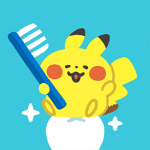 A chibi-style cartoon depiction of a smiling yellow Pikachu, a rodent-like creature, holding a toothbrush while sitting on a clean white tooth