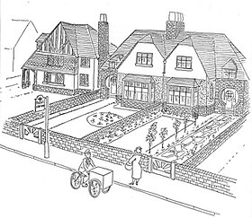 alt=line drawing of a detached house and two semi-detached houses in typical British style of the 1930s, with mock-Tudor fronts and architectural features from other eras