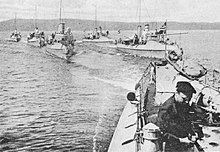 Six of the Lyn class torpedo boats in attack formation during World War I.