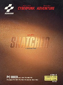 Gold video game cover with the word "Snatcher" written across the center. The top has the Konami logo and says "Cyberpunk Adventure". The bottom indicated the game is for the PC-8801 platform.