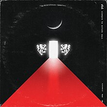 A black wall with a red rectangle in the middle of the floor, going towards a door frame emitting white light. Two lions from the band's logo appear in white coloring on each side of the door, while a waxing crescent moon facing down is visible on top.