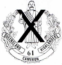 A coat of arms consisting of a large X superimposed over a person, surrounded by a laurel wreath. Below this, the number "61" is presented above the words "Queensland Cameron Highlanders".