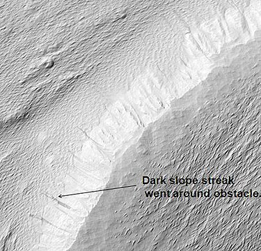 Nicholson Crater Central Mound, as seen by HiRISE. Click on image to see dark slope streak being diverted by an obstacle.