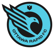 A blue, circular club crest, with a bird in the centre, facing right. The words "Ottawa Rapid FC" are written across the bottom, while a small tulip is drawn at the top.