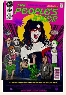 The Joker dancing, surrounded by a cloud of green smoke and faces of other characters in the film, an inhaler gripped by a gloved hand is in front of them all