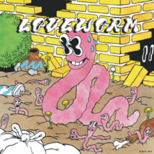 Retro-style art of a large pink worm with several other smaller worms around it next to a yellow brick wall.