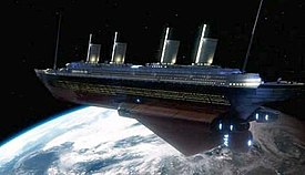 A spaceship replica of the Titanic orbiting the Earth.