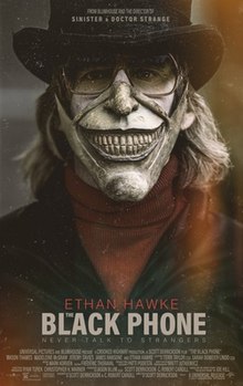 A poster with a man wearing white face paint and an unsettling mask.