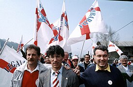 Umberto Bossi al primo raduno di Pontida del 1990