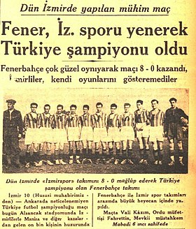 11 Kasım 1933 tarihinde Fenerbahçe'nin Türkiye şampiyonluğunu kapak sayfasında duyuran Cumhuriyet gazetesi.