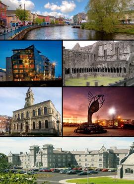 Clockwise from top: View of Garavogue River along JFK Parade, Sligo Abbey, IT Sligo Main Entrance, Clarion Hotel, City Hall, Glasshouse Hotel.