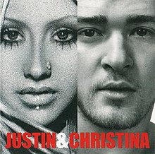 A split black and white picture depicting a man and woman with the text "Justin & Christina" placed on the bottom