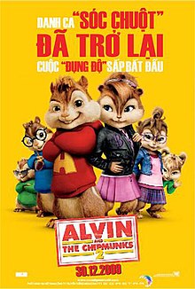 Three male chipmunks and three female chipmunks, a red title banner in the middle of the poster and three female chipmunks underneath