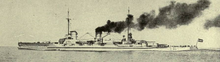 A large ship steams at full speed: the ship plows into the sea while dark gray smoke pours from its smoke stacks.